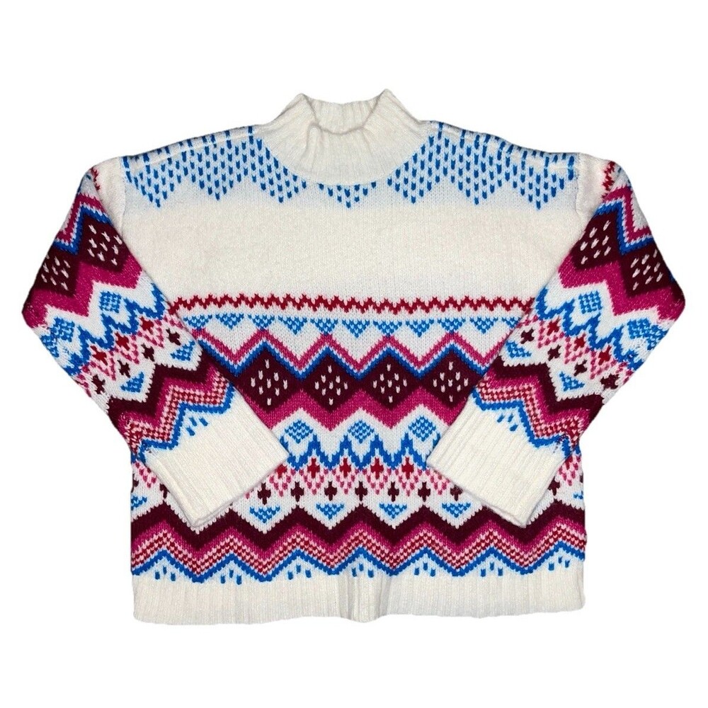 LOFT Faire Isle Mock Neck Wool Blend Sweater Size XL White Bright Neon Oversized
